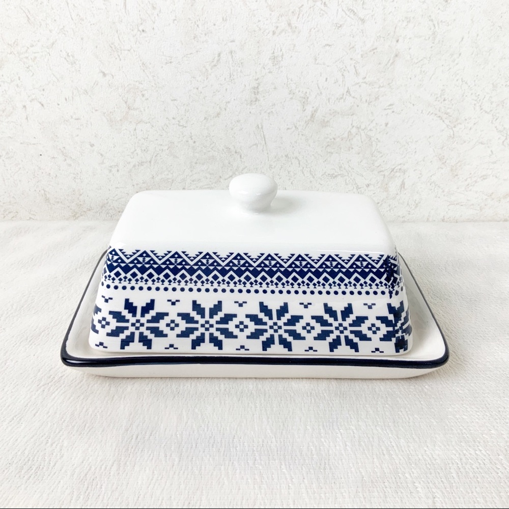 Snowflake Butter Dish Fair Isle Sweater Pattern Retro Winter Ceramic Christmas - Picture 1 of 6